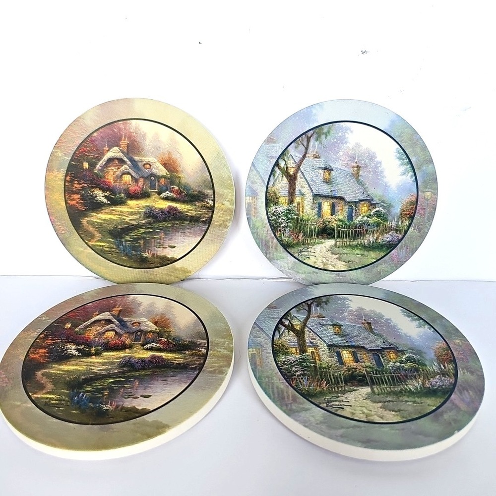 Thomas Kinkade Cottage Landscape Absorbent Stone Coasters Set of 4 Cork Backed